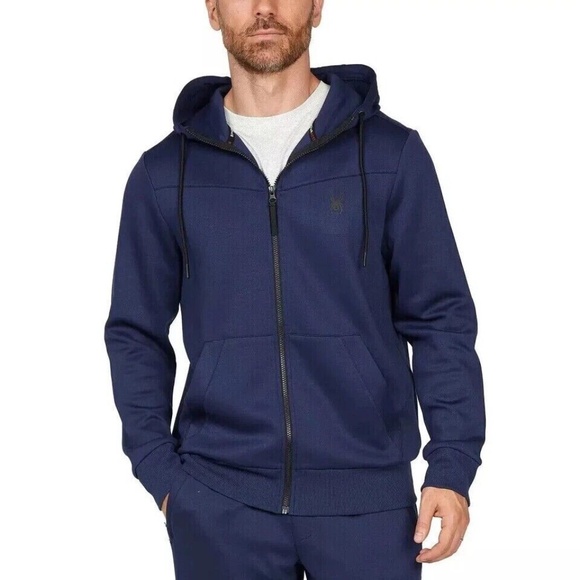 Spyder Hoodie Mens M Navy Blue Activewear Logo Pockets Long Sleeve‎ Full Zip NWT - Picture 1 of 5